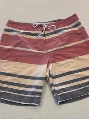 J. Crew Men's Red and Cream Striped Swim Board Shorts